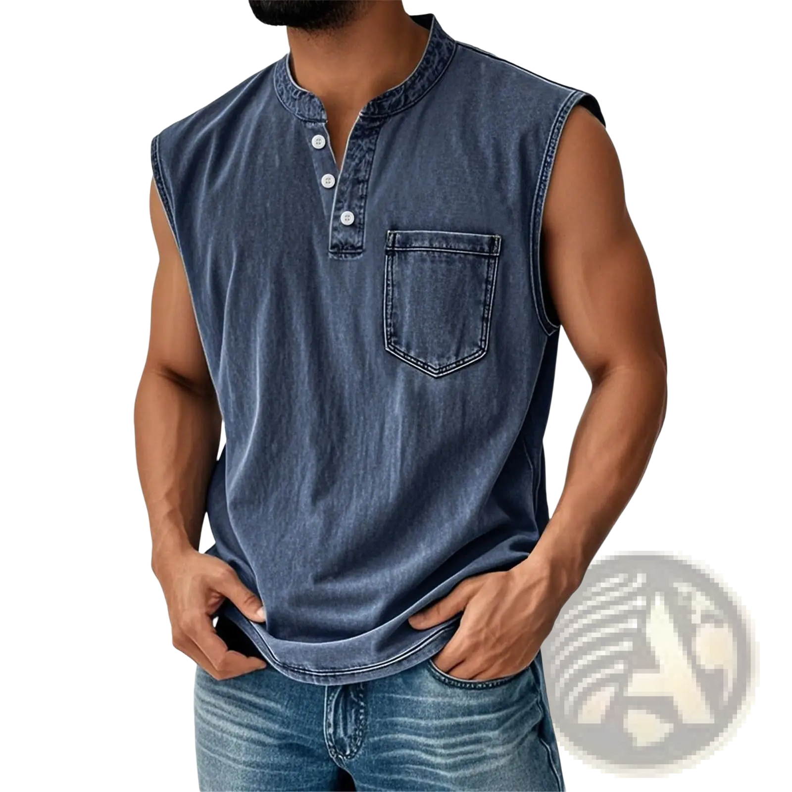 Men’s slim fit sleeveless denim henley shirt in faded blue wash with buttoned placket and soft denim material