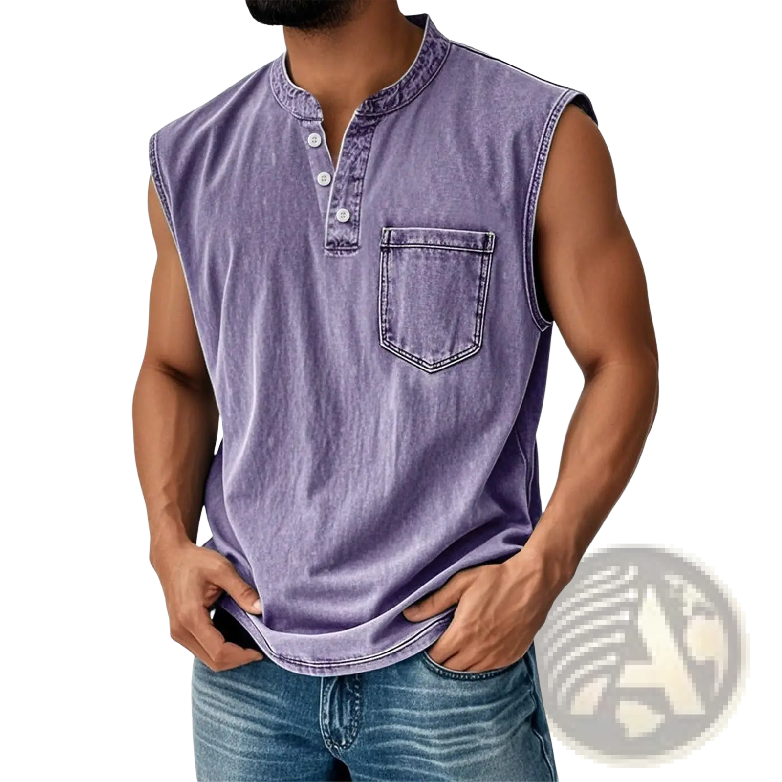 Men’s slim fit sleeveless purple denim henley shirt with buttoned collar and front pocket