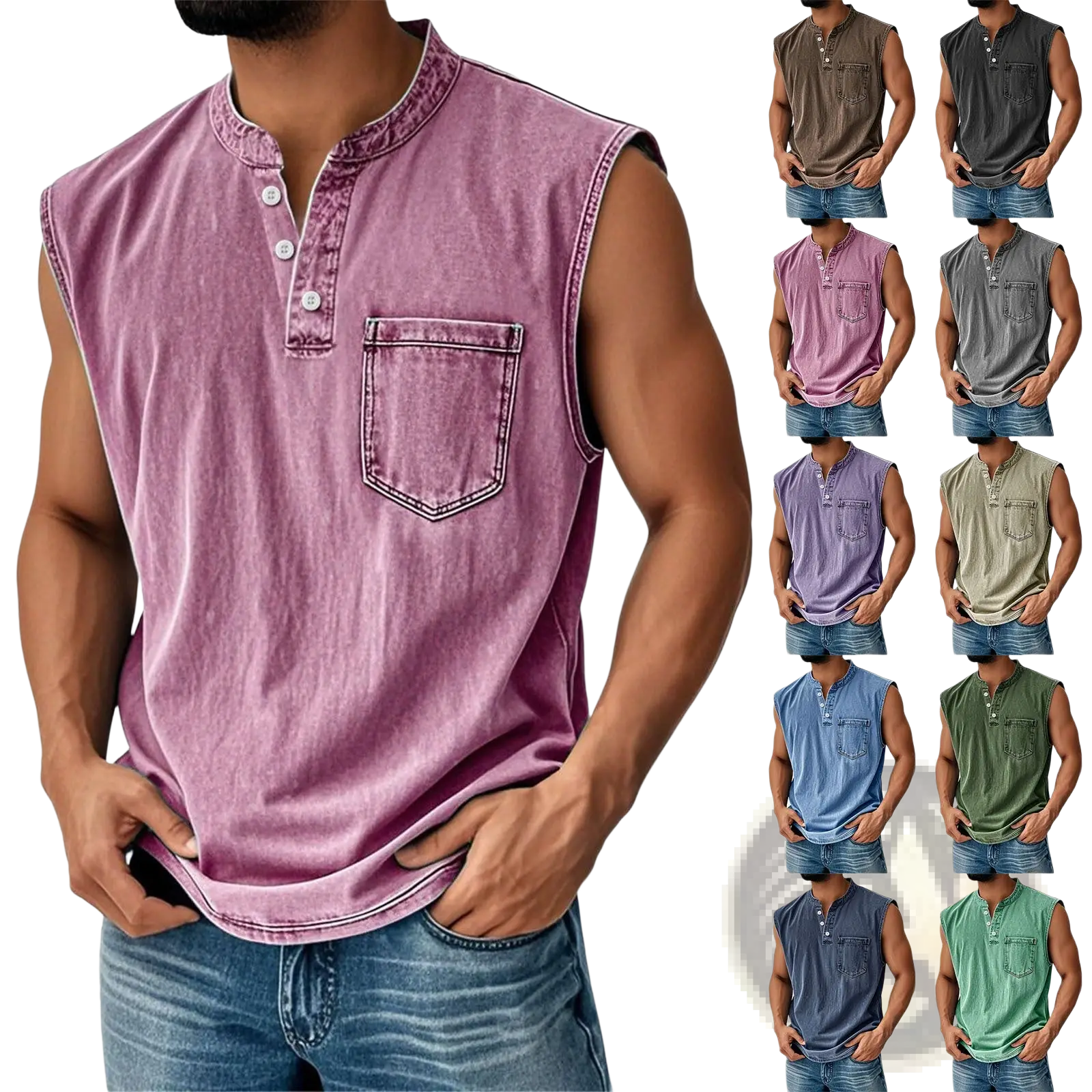 Men’s slim fit sleeveless mauve denim henley shirt with buttoned collar and chest pocket
