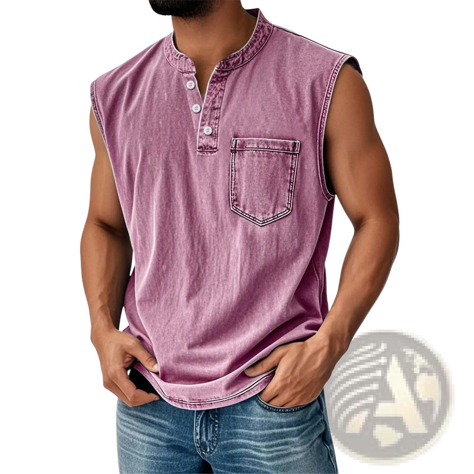 A mauve slim fit sleeveless denim henley shirt for men with buttoned collar and front pocket