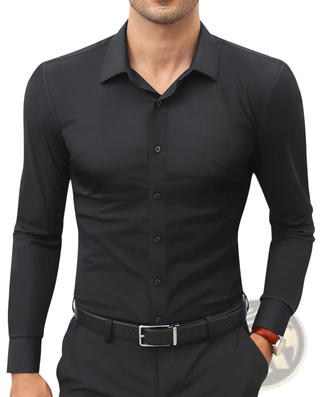 Mens slim fit black long-sleeved dress shirt with classic collar and button-down front for formal wear