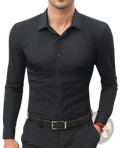 Mens slim fit black long-sleeved dress shirt with classic collar and button-down front for formal wear