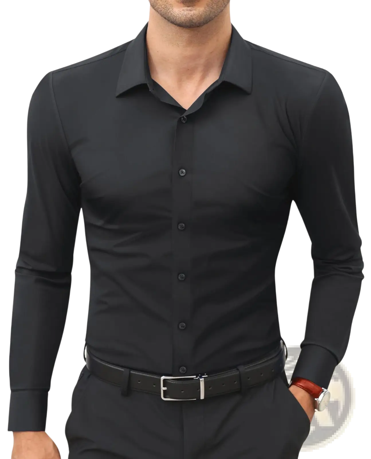 Mens slim fit black long-sleeved dress shirt with classic collar and button-down front for formal wear