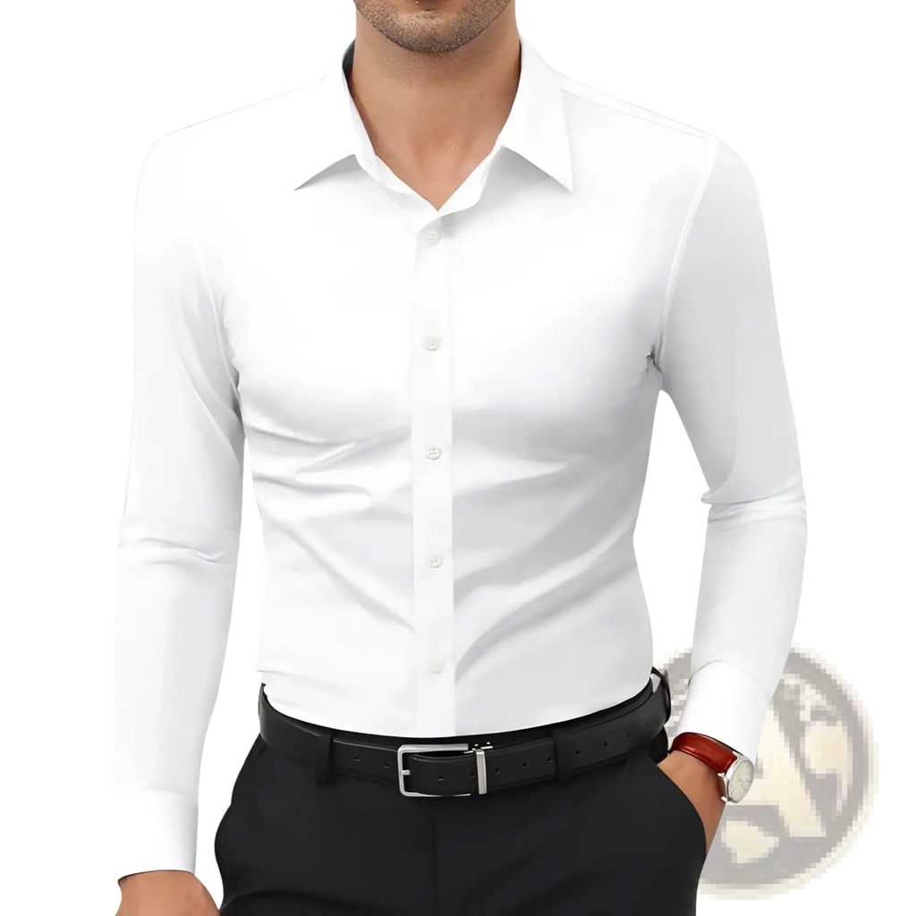 A crisp white mens slim fit solid color long sleeve dress shirt with classic collar and button-down front