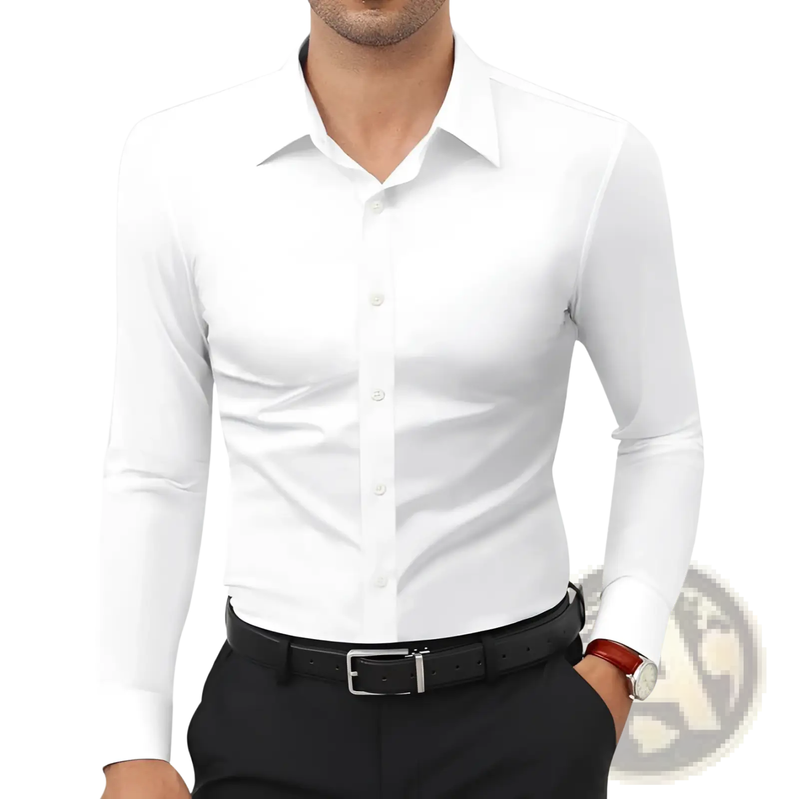 A crisp white mens slim fit solid color long sleeve dress shirt with classic collar and button-down front