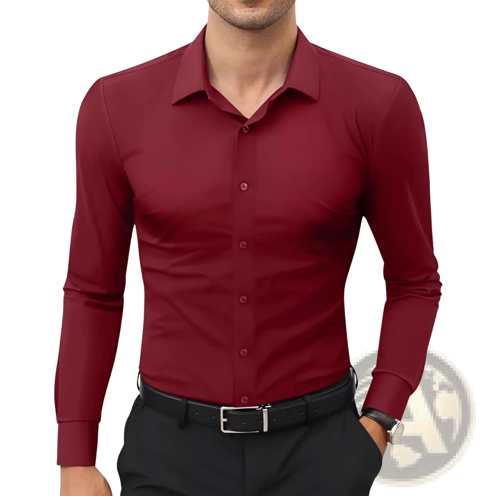 Mens slim fit solid color dress shirt in deep red with long sleeves classic collar and matching buttons