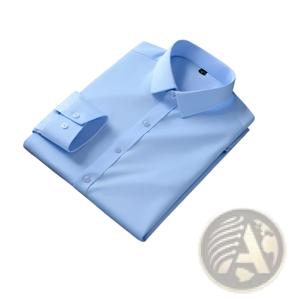 Mens slim fit long sleeve solid color dress shirt in light blue with crisp collar and buttoned cuffs neatly folded