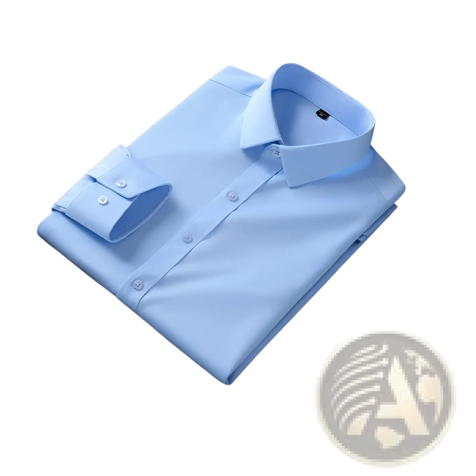 Mens slim fit long sleeve solid color dress shirt in light blue with crisp collar and buttoned cuffs neatly folded