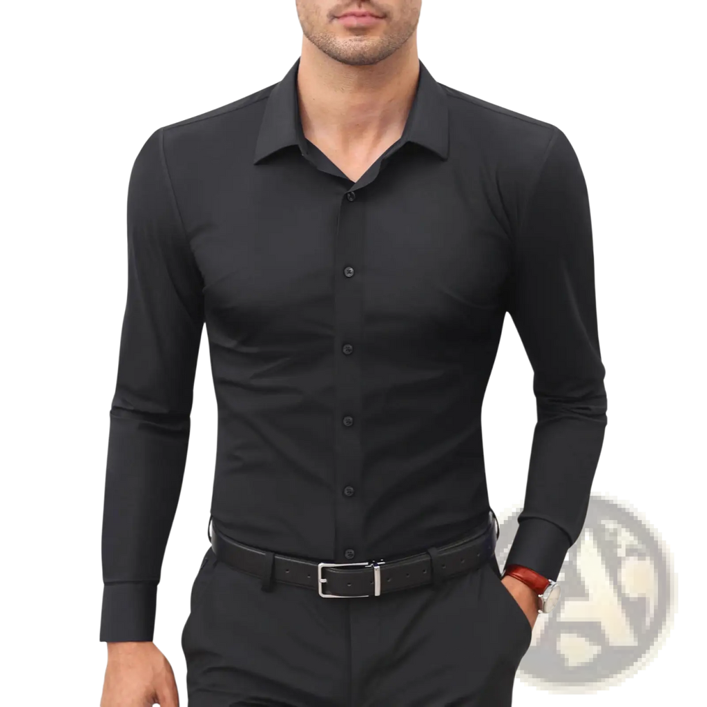 Mens slim fit black long sleeve dress shirt with classic collar and button-down front for formal occasions