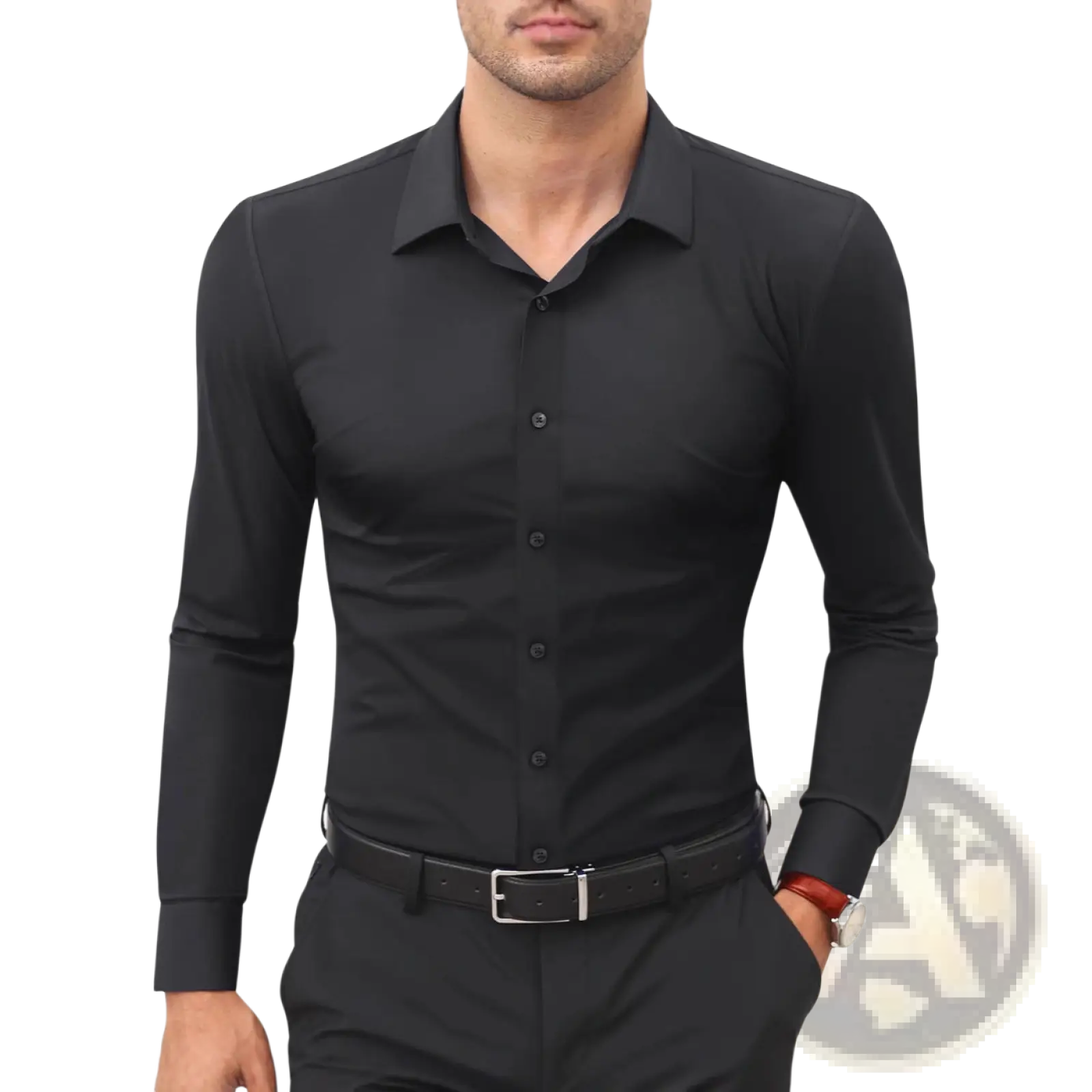 Mens slim fit black long sleeve dress shirt with classic collar and button-down front for formal occasions