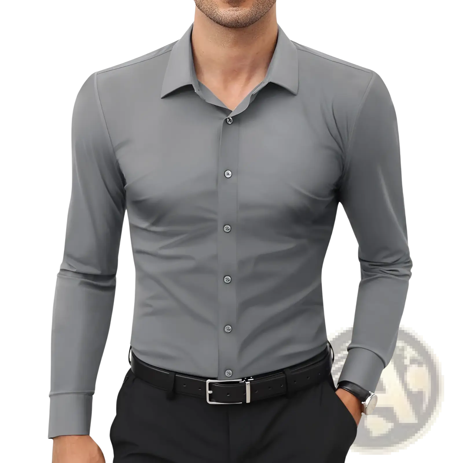 A sleek charcoal gray men’s slim fit solid color long-sleeve dress shirt with classic collar and button-down front