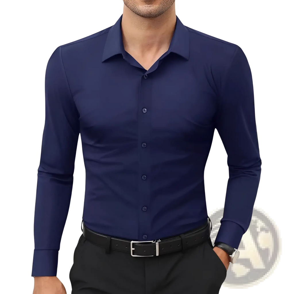 Navy blue slim fit long sleeve dress shirt with matching buttons and classic collar for formal menswear