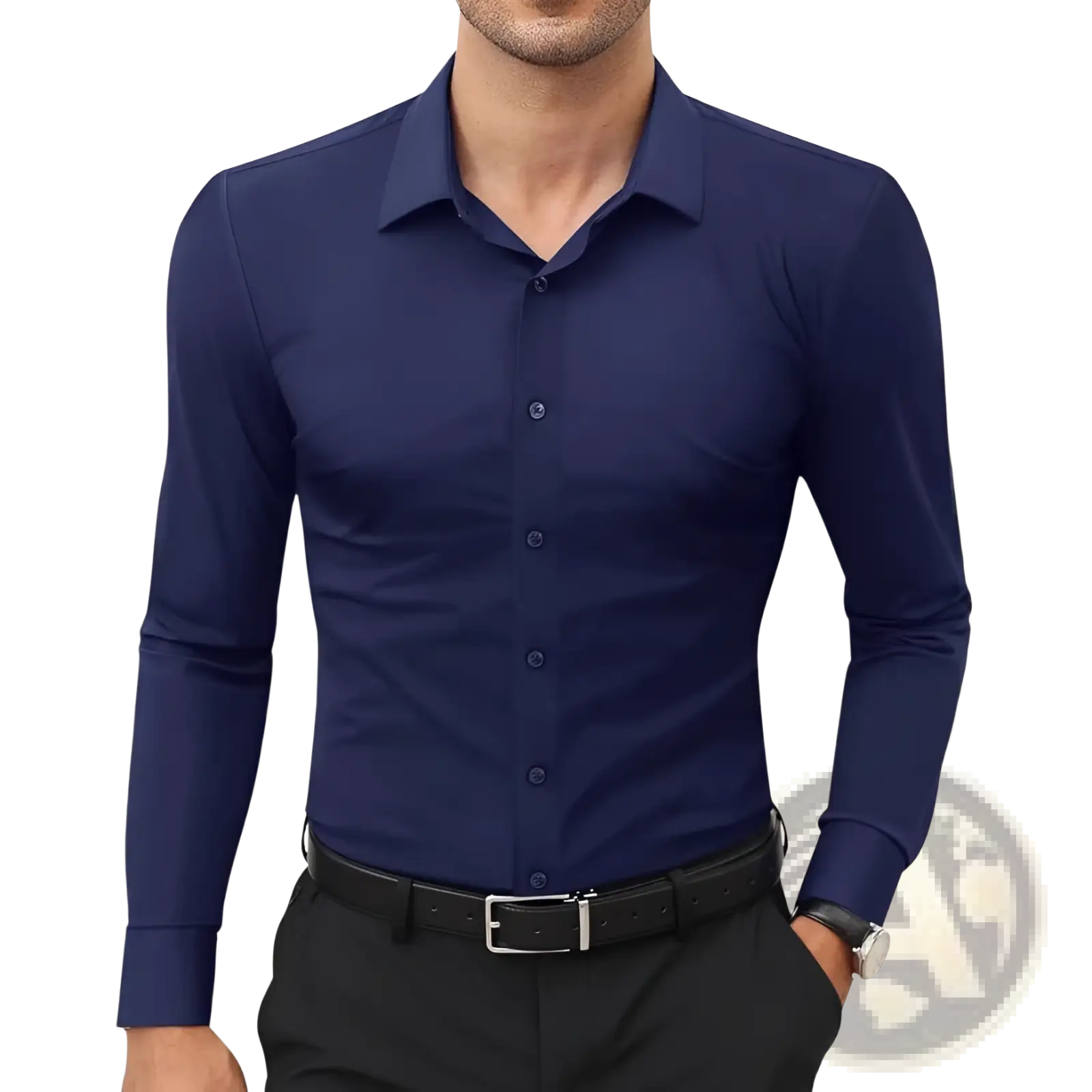 Navy blue slim fit long sleeve dress shirt with matching buttons and classic collar for formal menswear