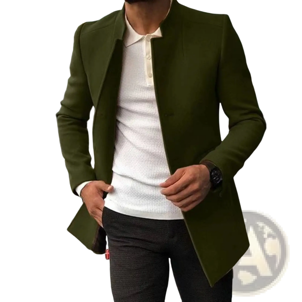 Mens slim fit solid color overcoat in olive green with a tailored fit and structured notched lapel design