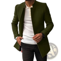 Mens slim fit solid color overcoat in olive green with a tailored fit and structured notched lapel design