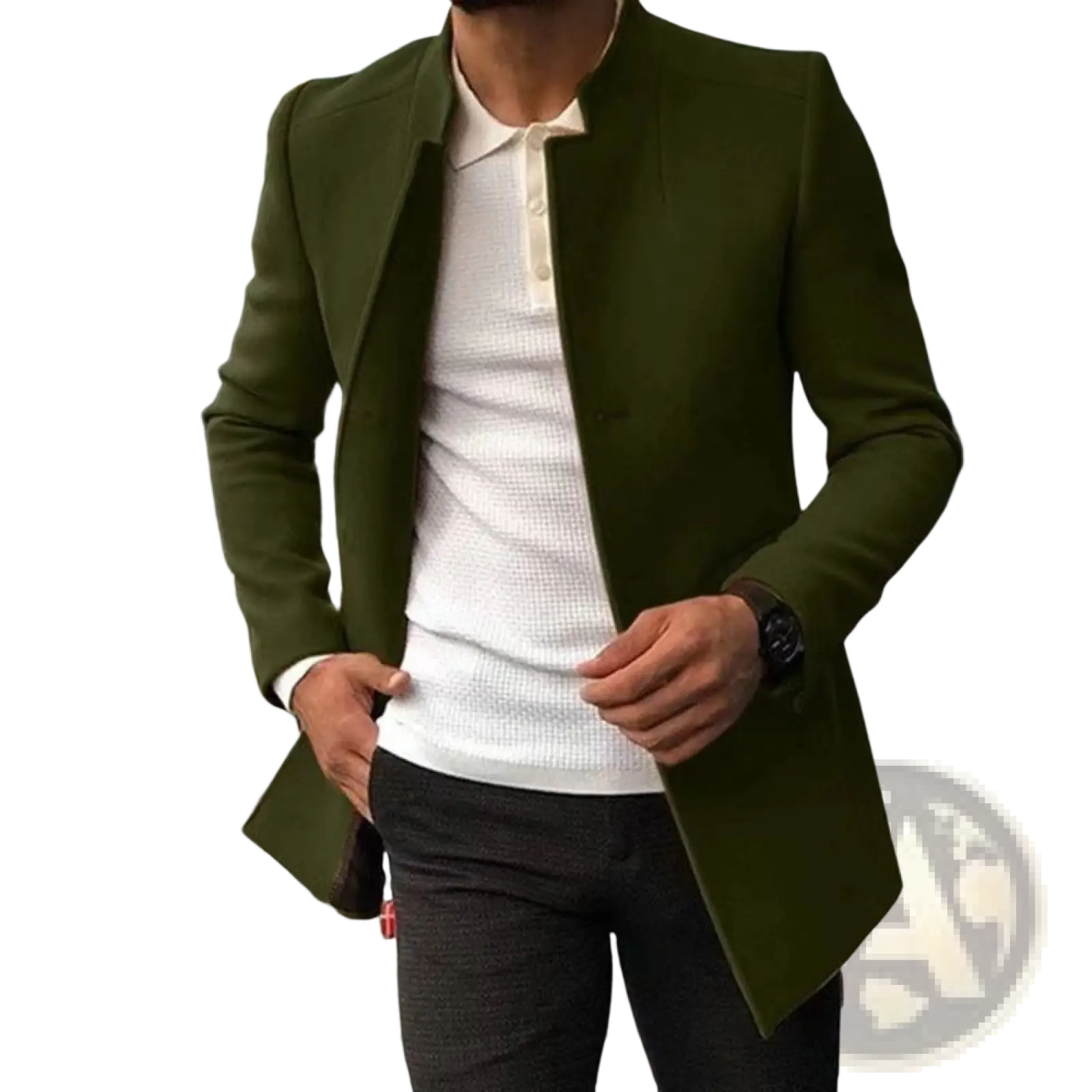 Mens slim fit solid color overcoat in olive green with a tailored fit and structured notched lapel design