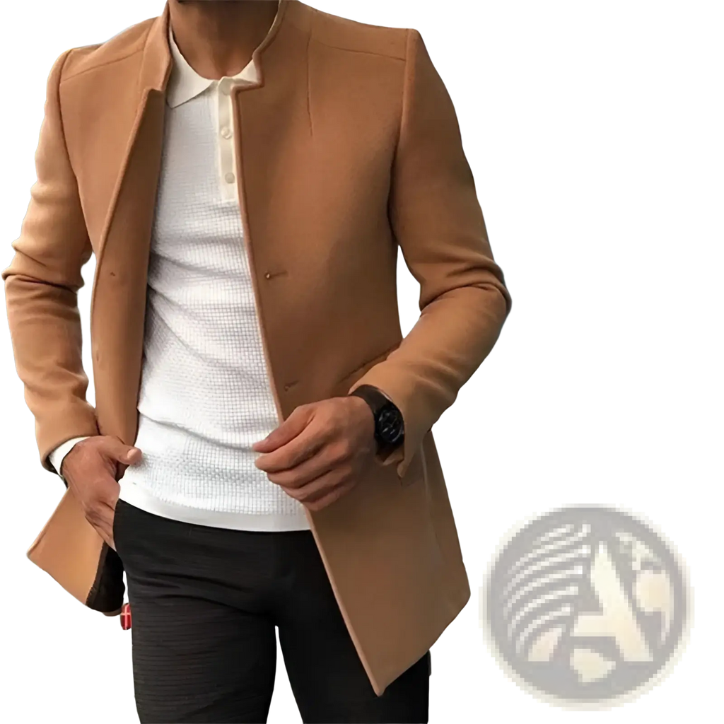 Mens slim fit tan wool blazer with notched lapel and double breasted front perfect for formal overcoat use