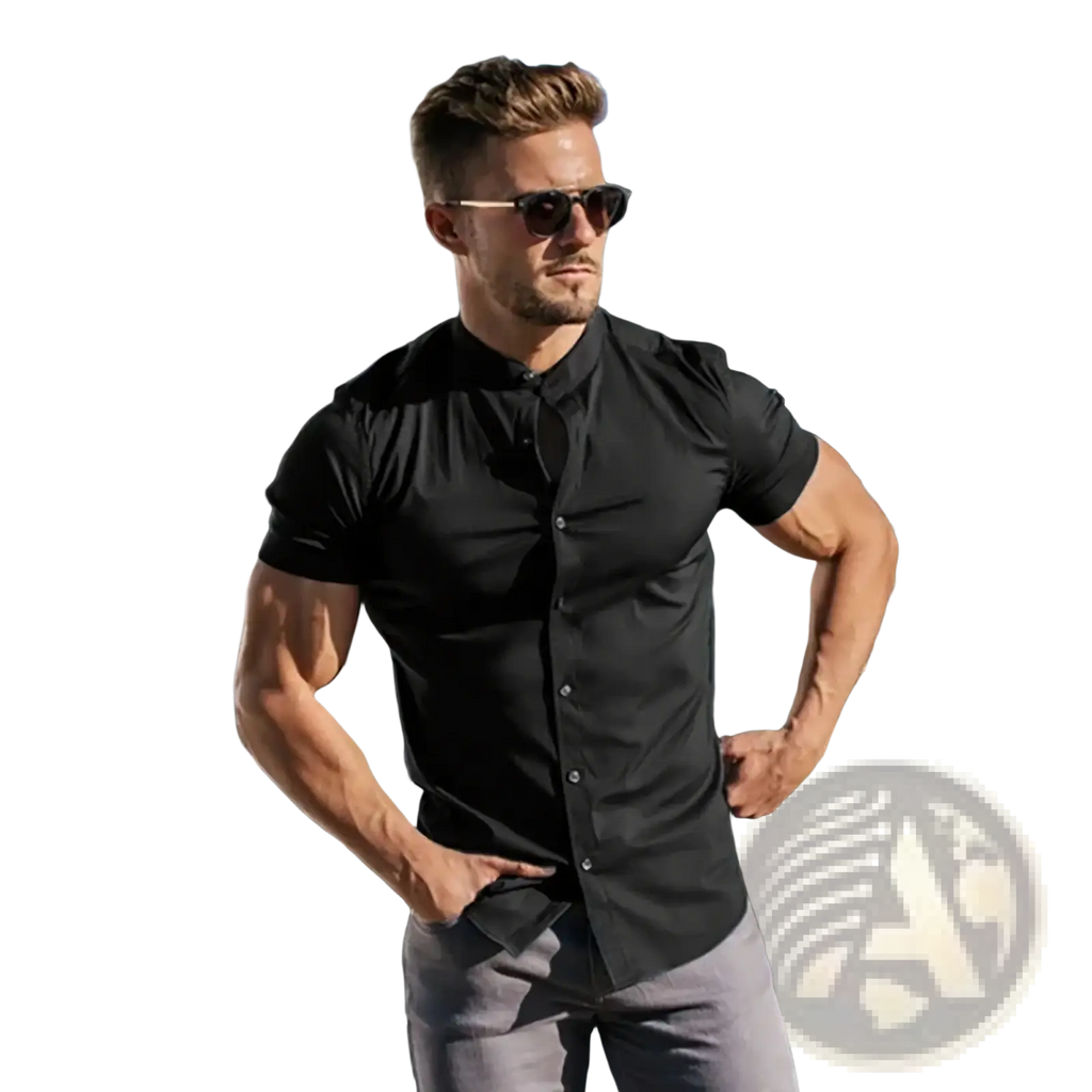 Mens slim fit dress shirt in black with short sleeves and stand collar designed for formal occasions