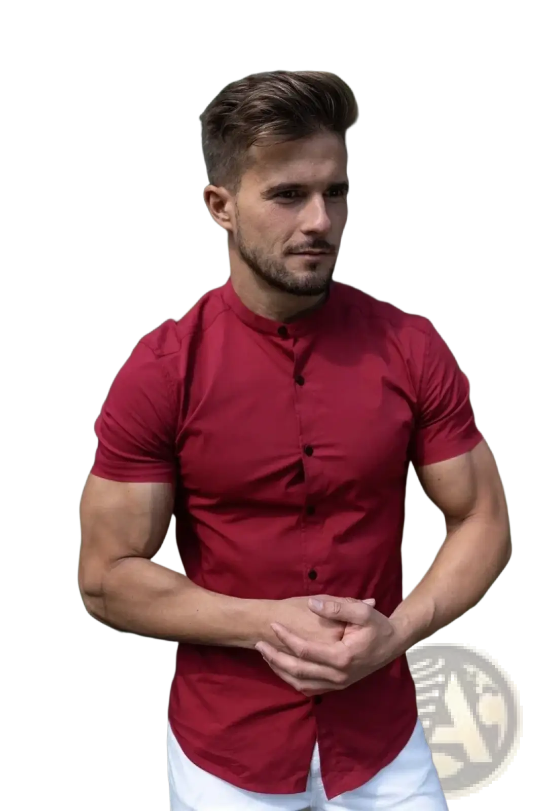 A man wearing a vibrant red mens slim fit stand collar dress shirt with short sleeves and a mandarin collar