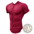 Mens slim fit stand collar dress shirt in vibrant fuchsia with mandarin collar and black buttons for formal wear