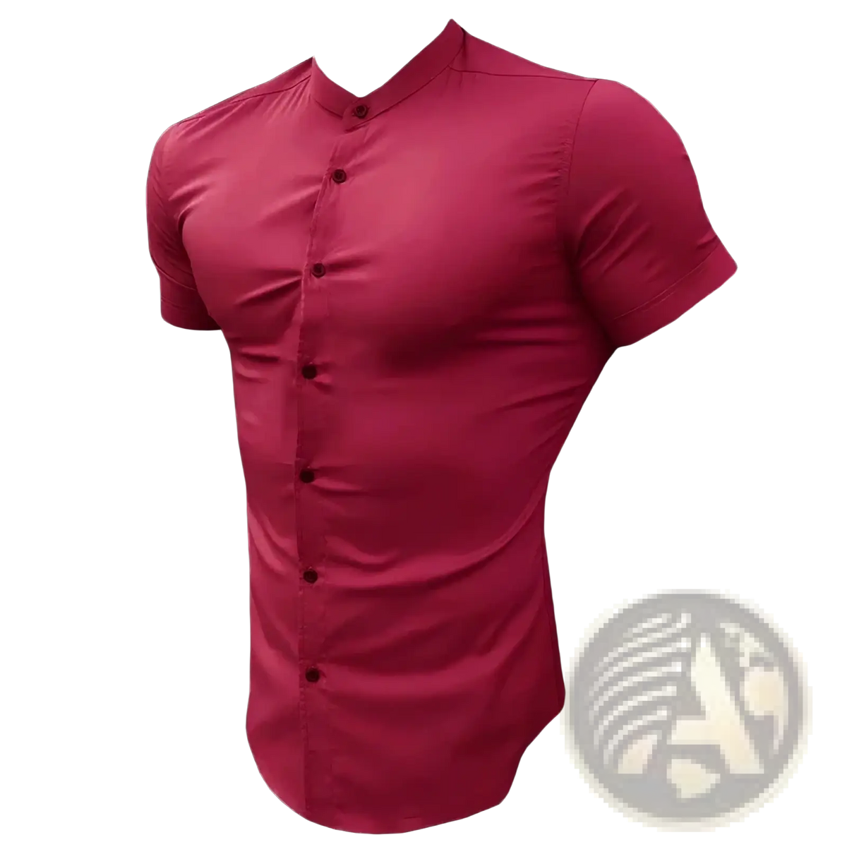 Mens slim fit stand collar dress shirt in vibrant fuchsia with mandarin collar and black buttons for formal wear