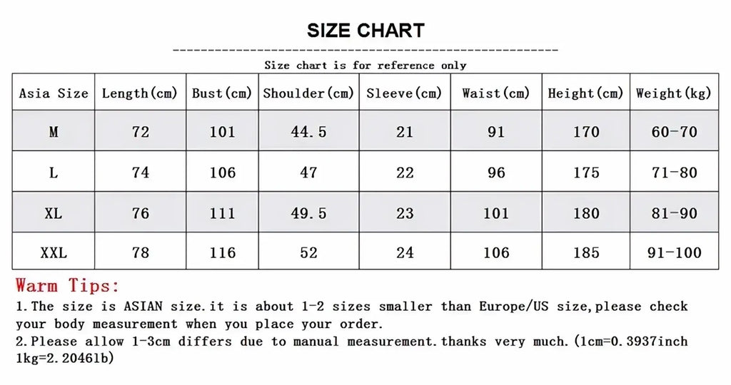Size chart for asian sizing of mens slim fit stand collar dress shirt showing length bust shoulder sleeve waist height weight in cm