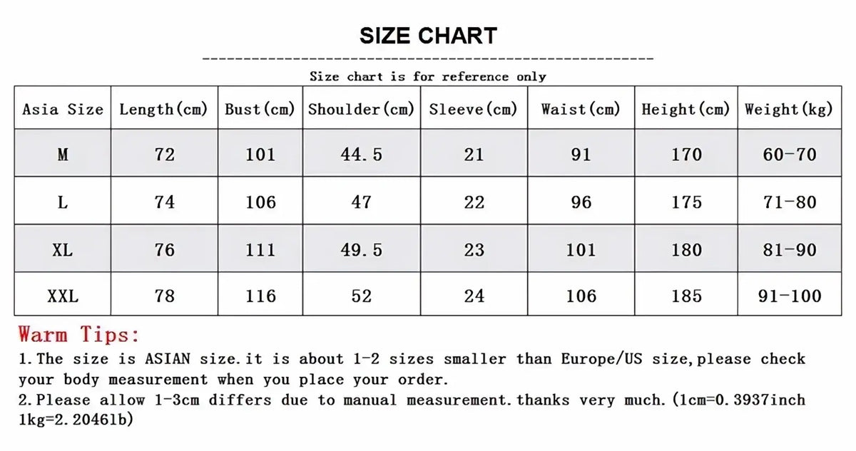 Size chart for asian sizing of mens slim fit stand collar dress shirt showing length bust shoulder sleeve waist height weight in cm