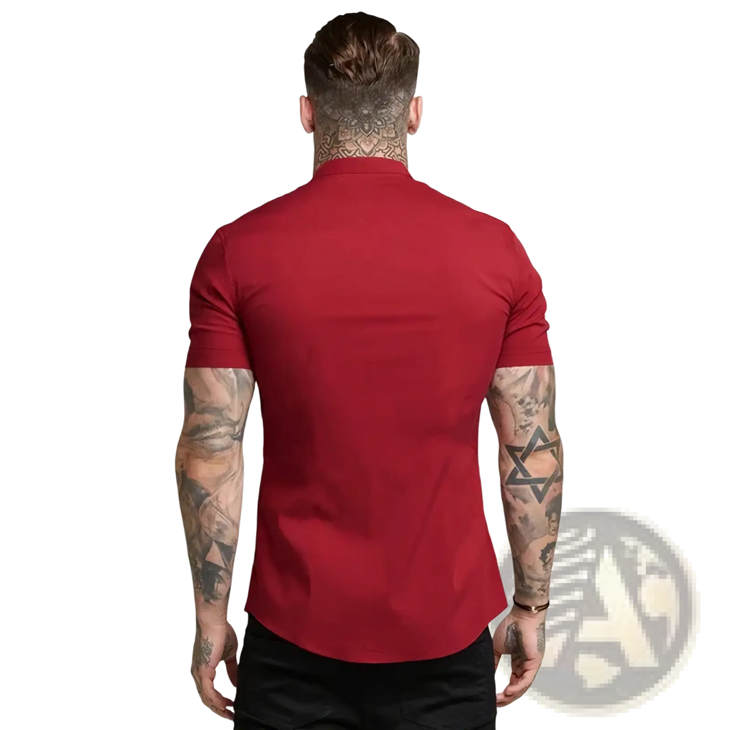 Mens slim fit stand collar dress shirt in solid red with short sleeves and a tailored fit ribbed collar
