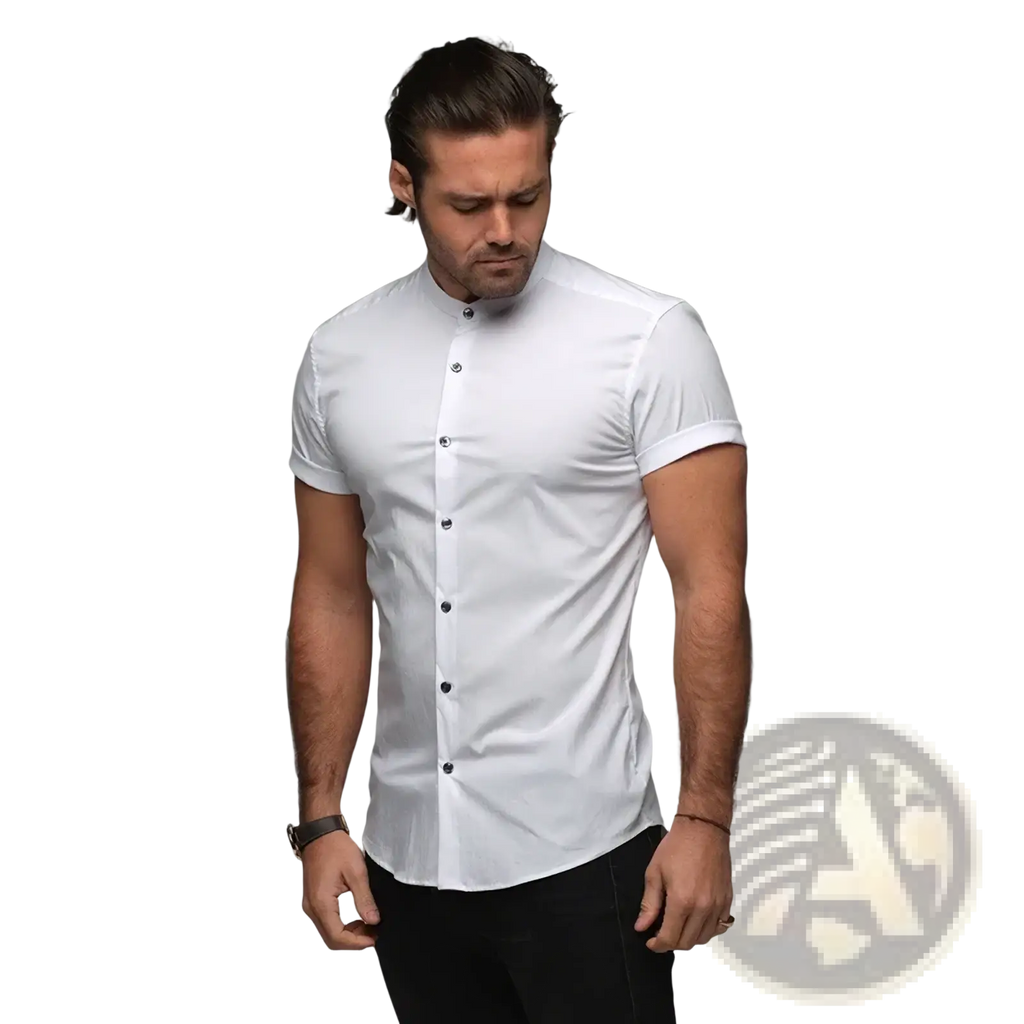 Mens slim fit white short-sleeved dress shirt with stand mandarin collar perfect for formal occasions