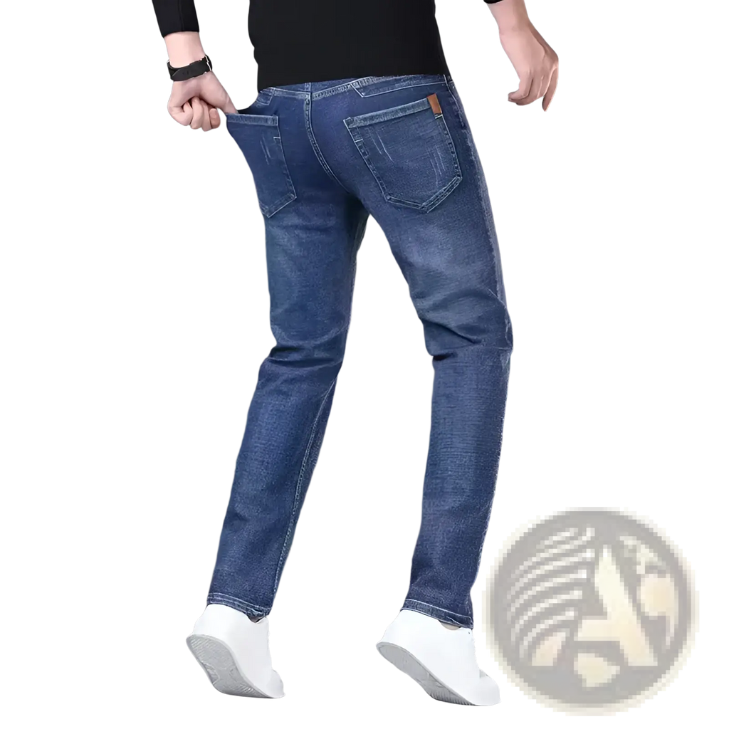 Men’s slim fit stretch denim jeans in blue with subtle fading shown from the back featuring classic pockets and leather patch