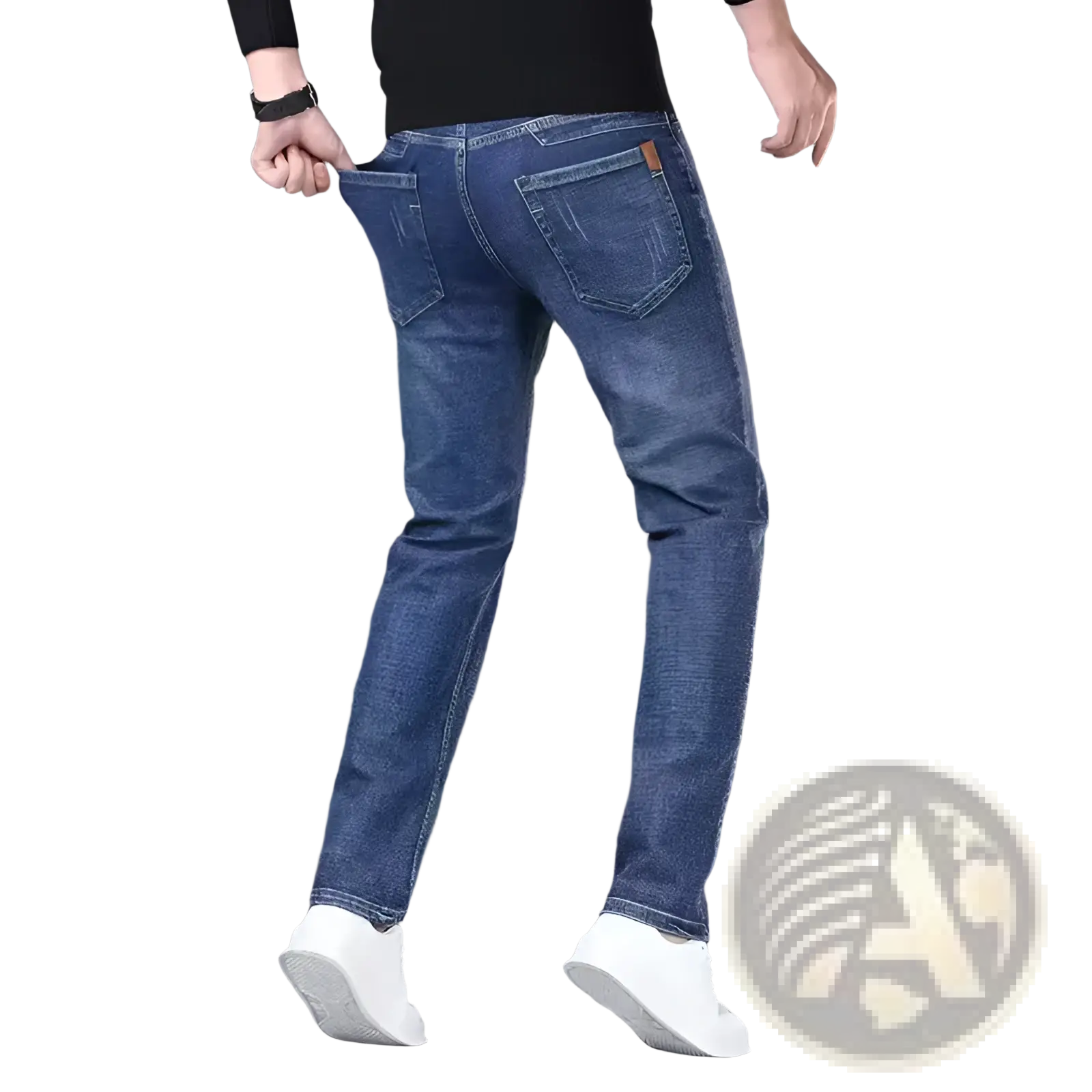 Men’s slim fit stretch denim jeans in blue with subtle fading shown from the back featuring classic pockets and leather patch