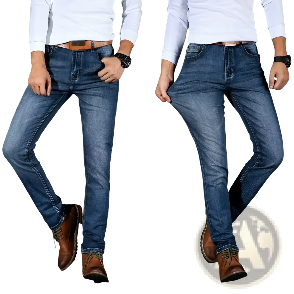 Men’s slim fit stretch denim jeans in blue with classic stitching and a comfortable stretch fabric for everyday wear