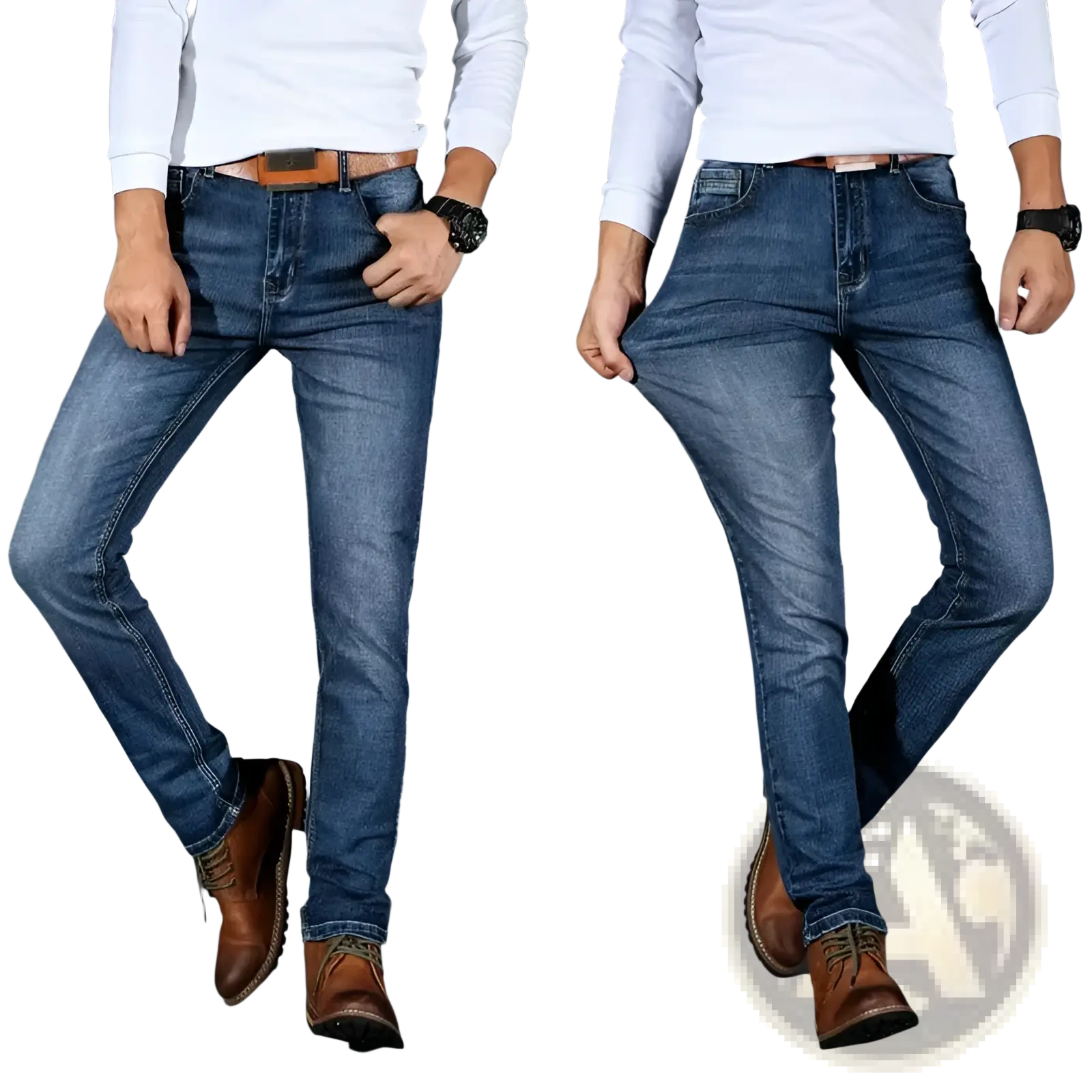 Men’s slim fit stretch denim jeans in blue with classic stitching and a comfortable stretch fabric for everyday wear