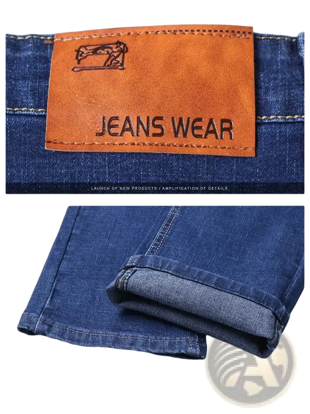 Men’s slim fit stretch blue denim jeans with tan leather patch embroidered with jeans wear and sewing machine outline