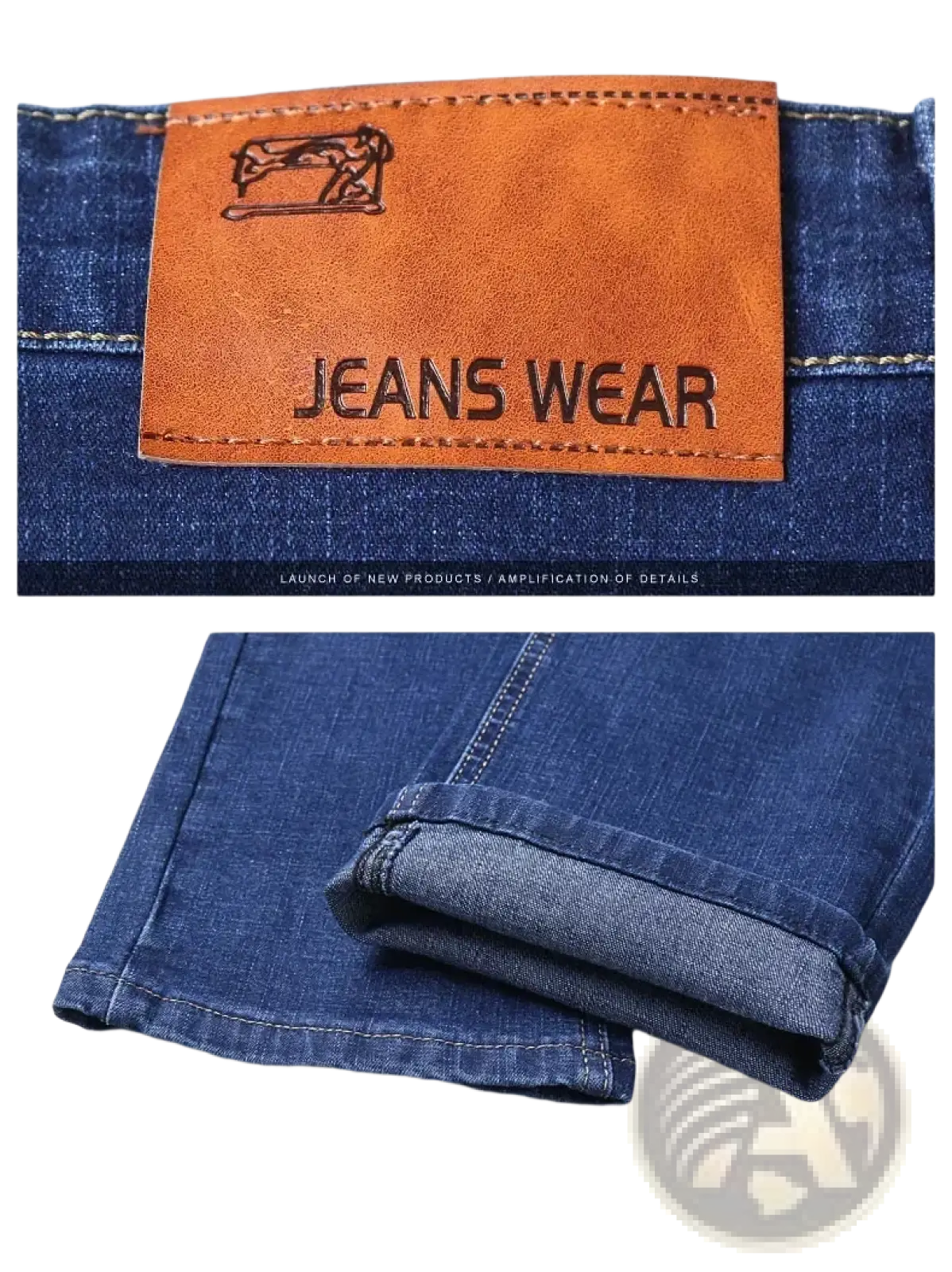 Men’s slim fit stretch blue denim jeans with tan leather patch embroidered with jeans wear and sewing machine outline