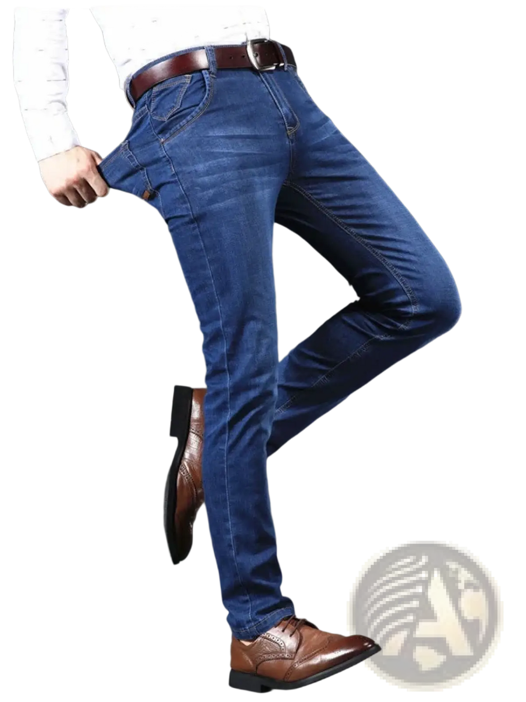 Men’s dark blue slim fit stretch denim jeans with classic five-pocket design and visible stitching