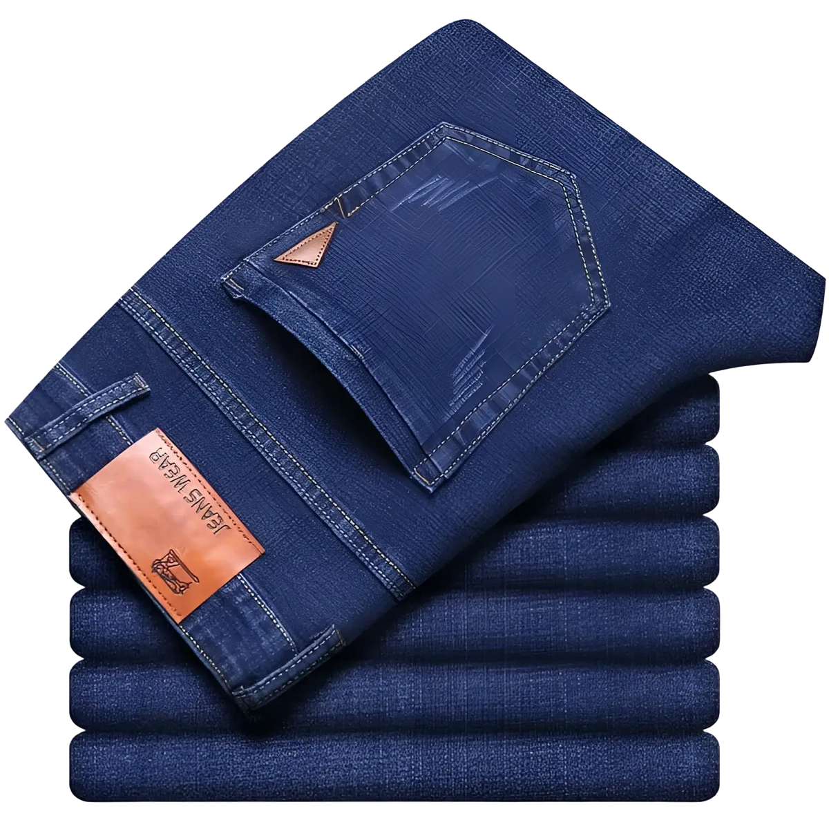 Men’s slim fit stretch dark blue denim jeans with brown leather brand tag and visible stitching details on the back