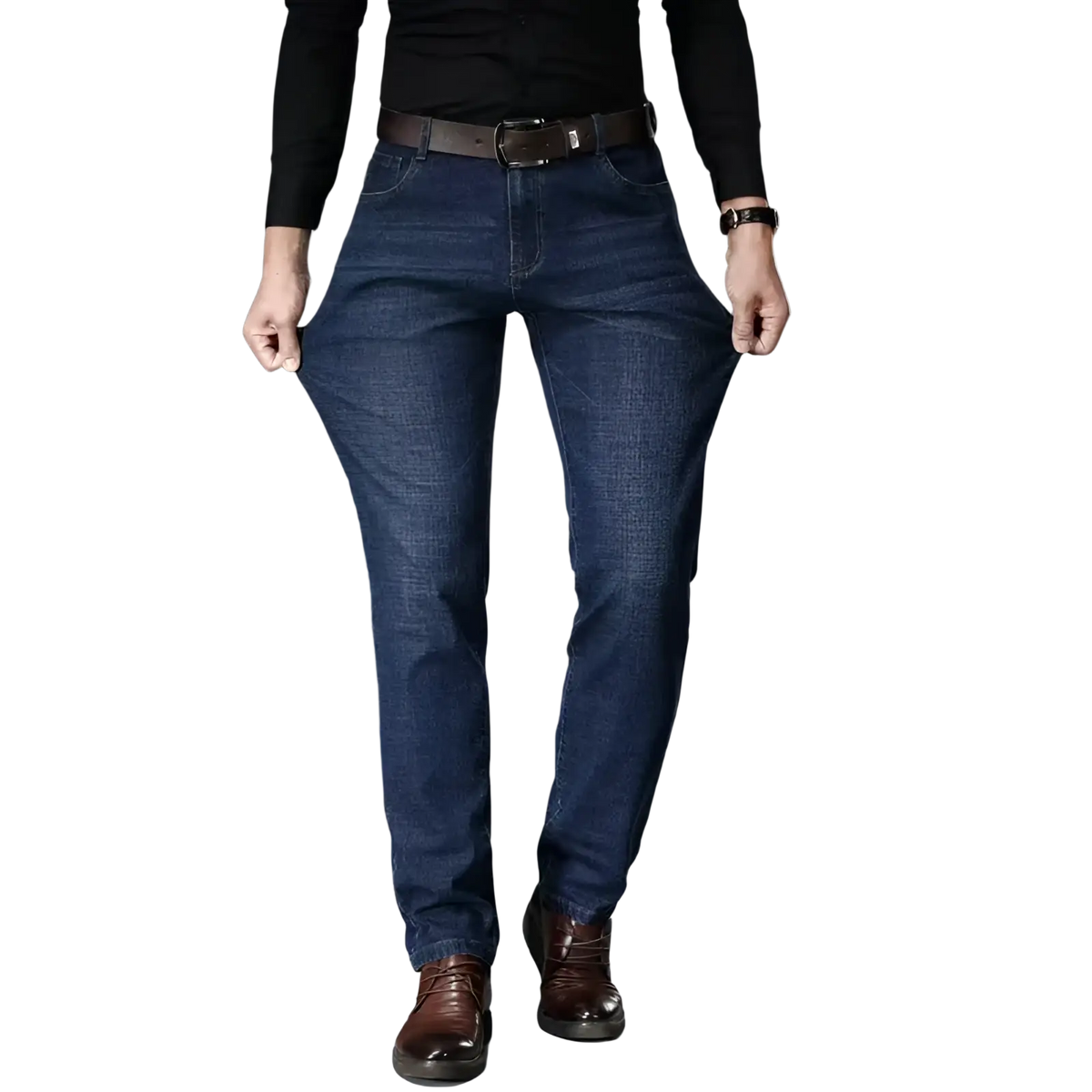 Men’s slim fit stretch denim jeans in dark blue with classic straight-leg cut and visible stitching details