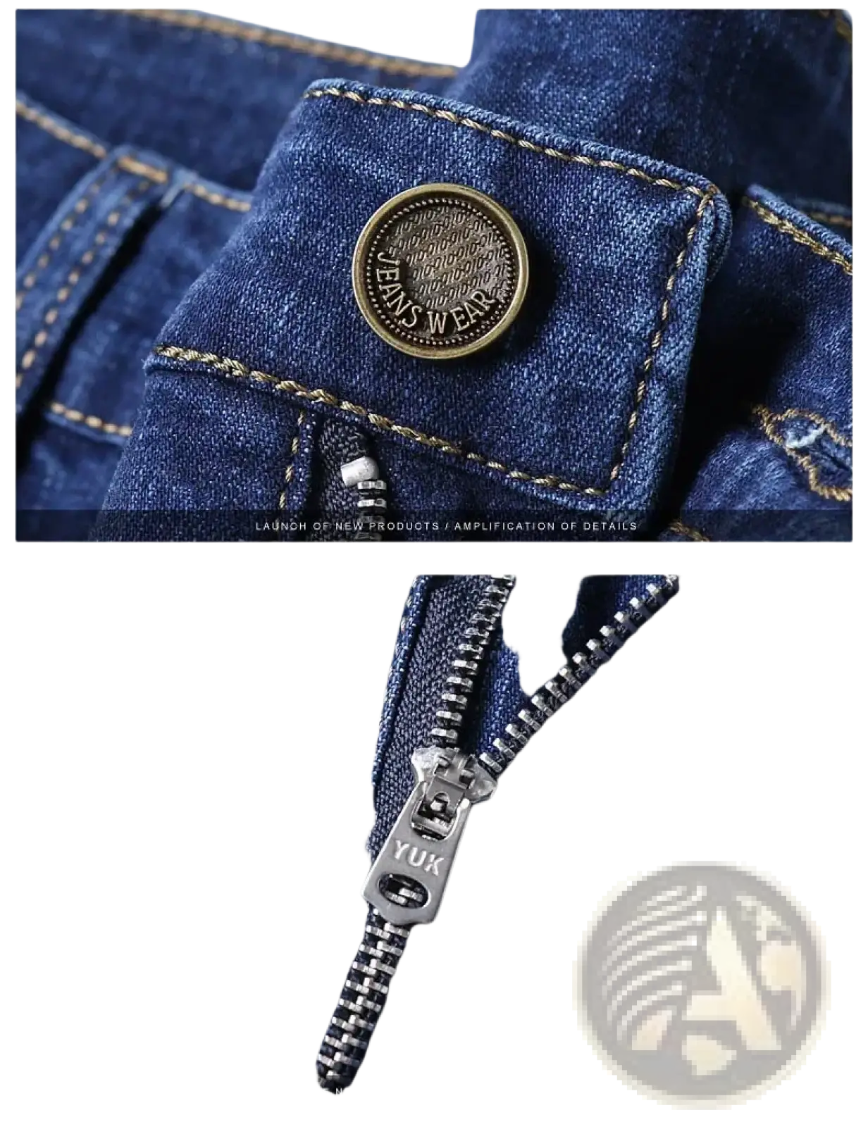 Men’s slim fit stretch denim jeans in dark blue featuring a brass jeans wear button and silver yux zipper pull