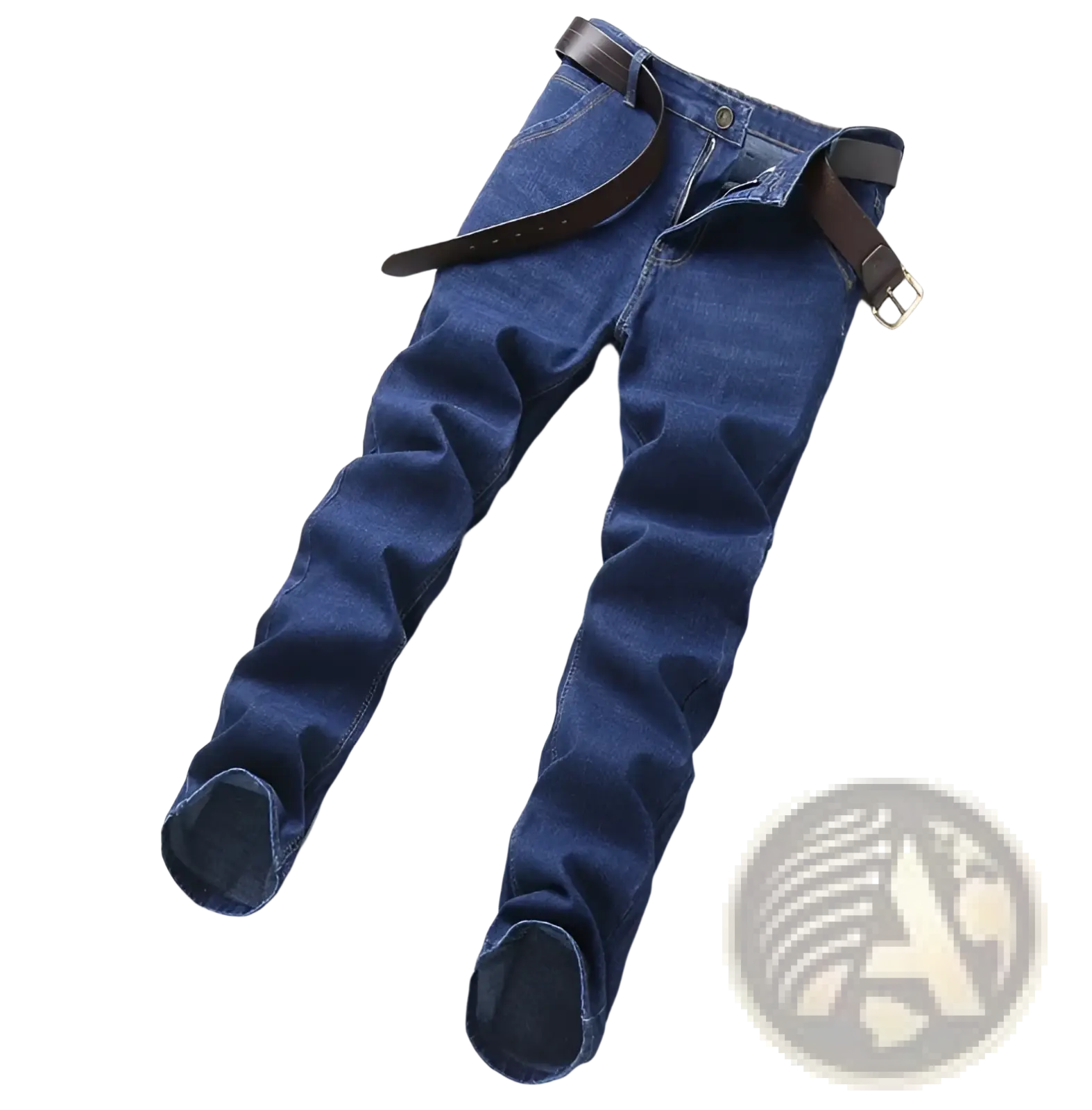 Men’s slim fit stretch dark blue denim jeans with a brown leather belt threaded through the waistband