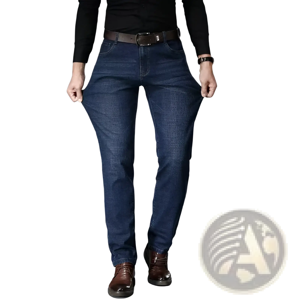 Men’s slim fit stretch denim jeans in dark blue with classic straight-leg cut and visible stitching details