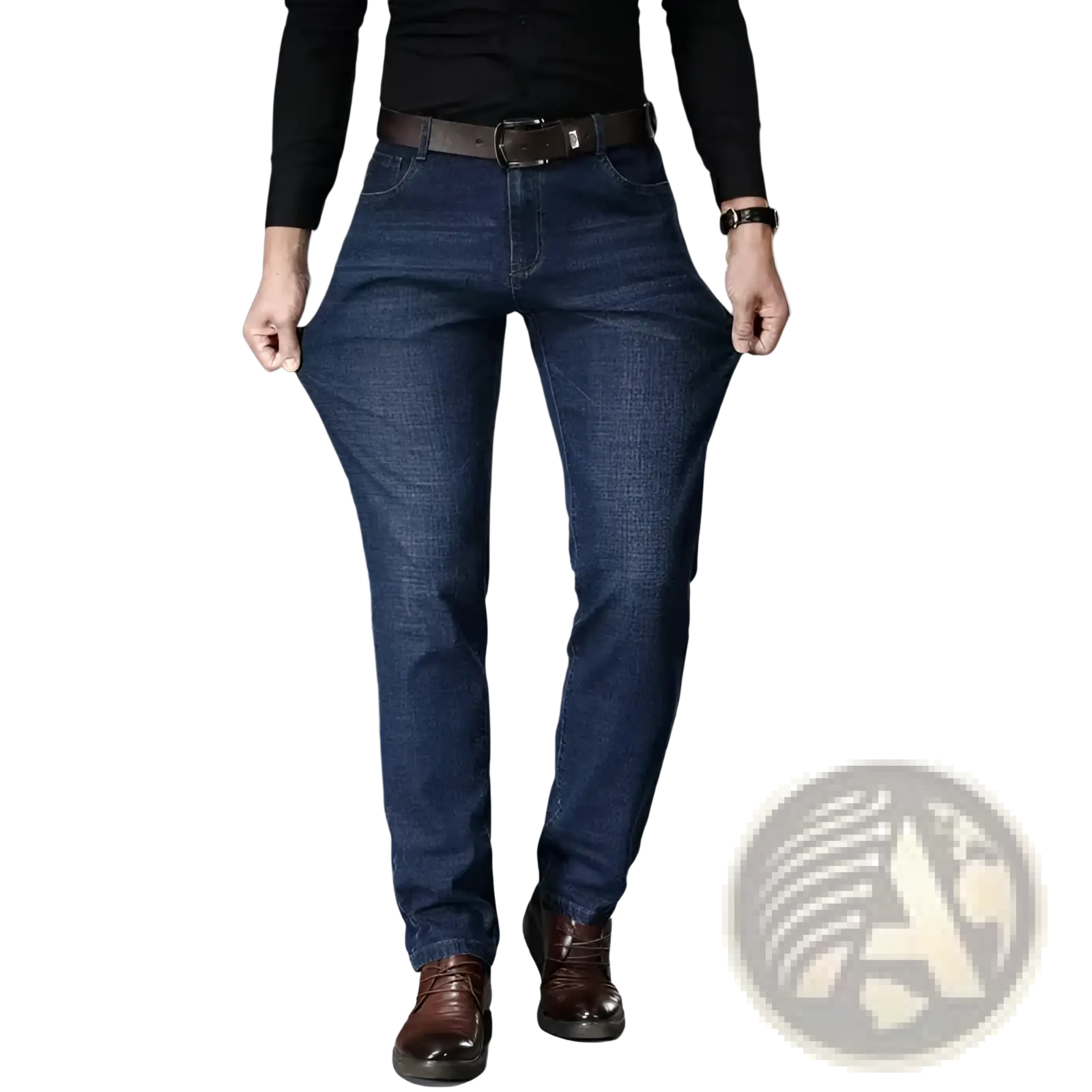Men’s slim fit stretch denim jeans in dark blue with classic straight-leg cut and visible stitching details
