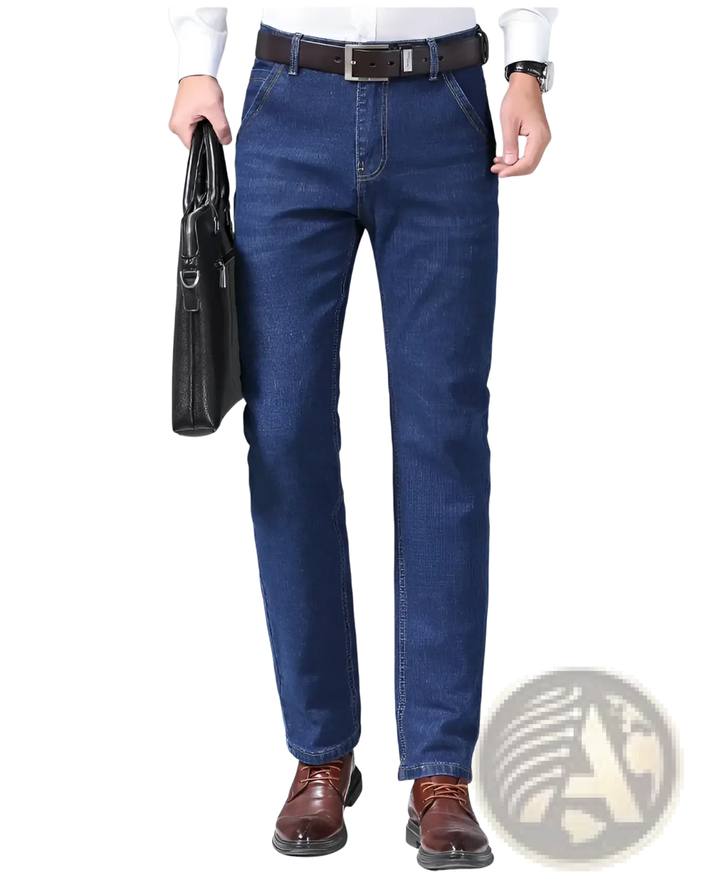 Men’s slim fit stretch denim jeans in dark blue with classic straight-leg cut and visible stitching details