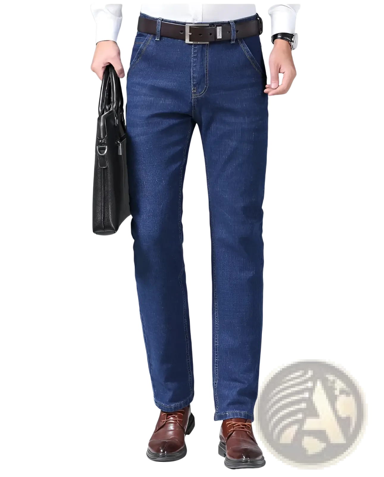 Men’s slim fit stretch denim jeans in dark blue with classic straight-leg cut and visible stitching details