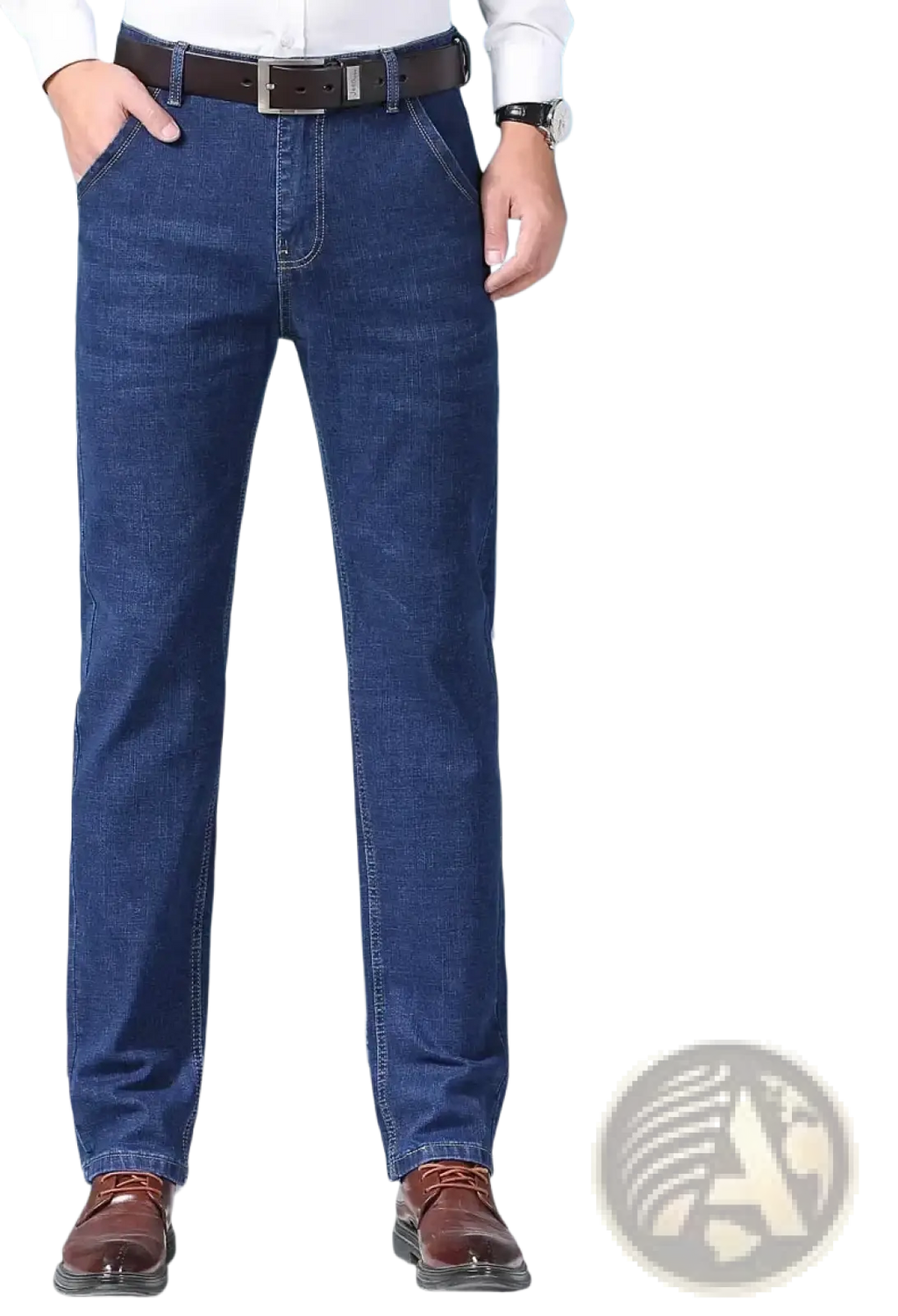Mens slim fit stretch denim jeans in dark blue with classic straight-leg cut and belt loops made of denim material