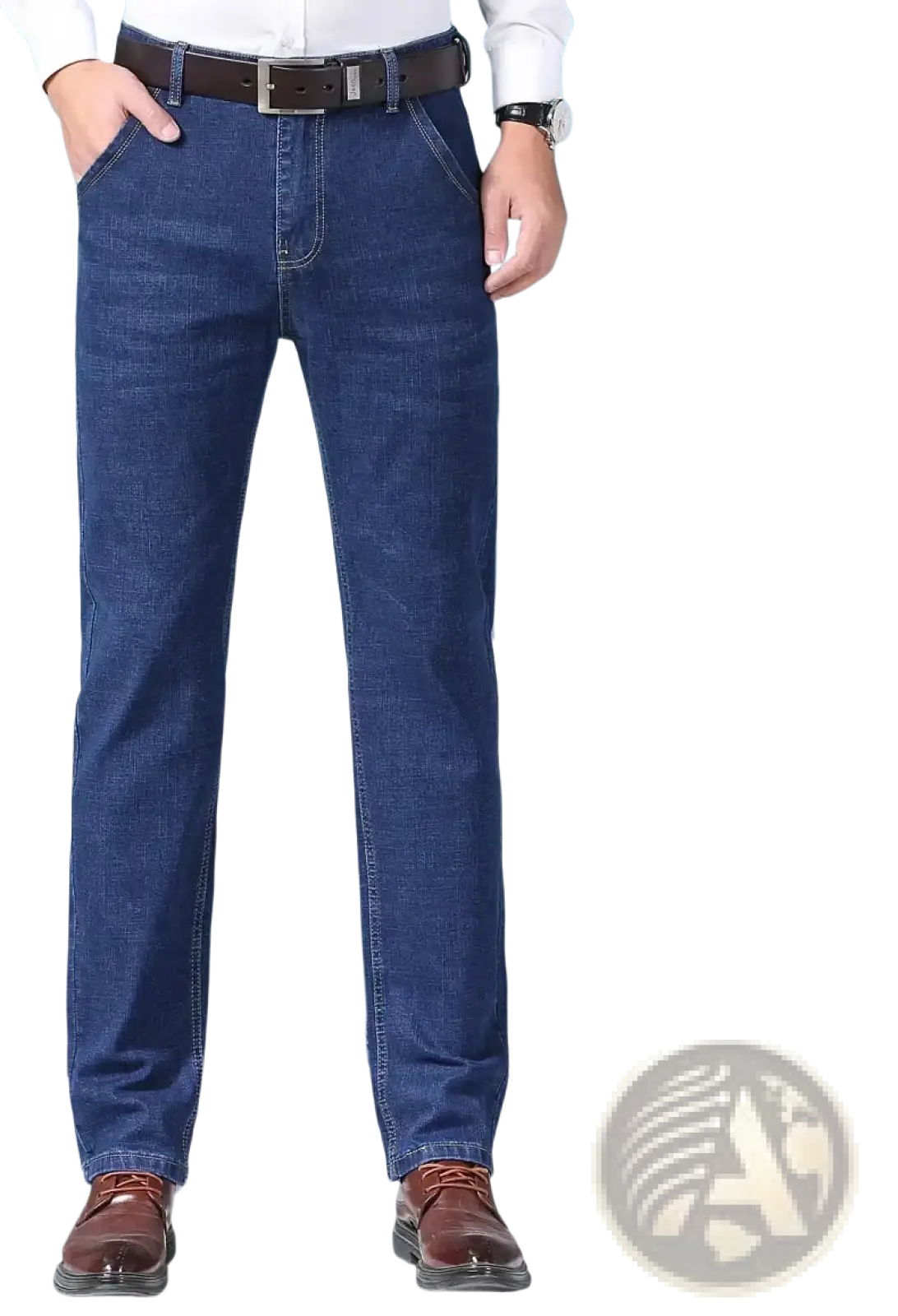 Mens slim fit stretch denim jeans in dark blue with classic straight-leg cut and belt loops made of denim material
