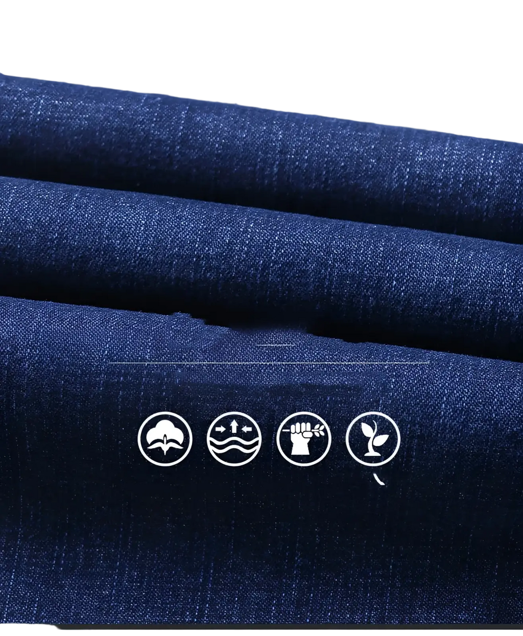 Dark blue men’s slim fit stretch denim jeans fabric showing textured weave with cotton content and care icons