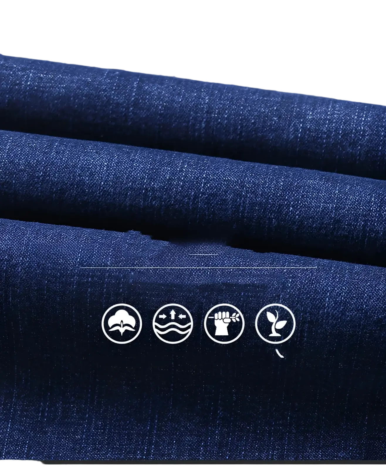 Dark blue men’s slim fit stretch denim jeans fabric showing textured weave with cotton content and care icons