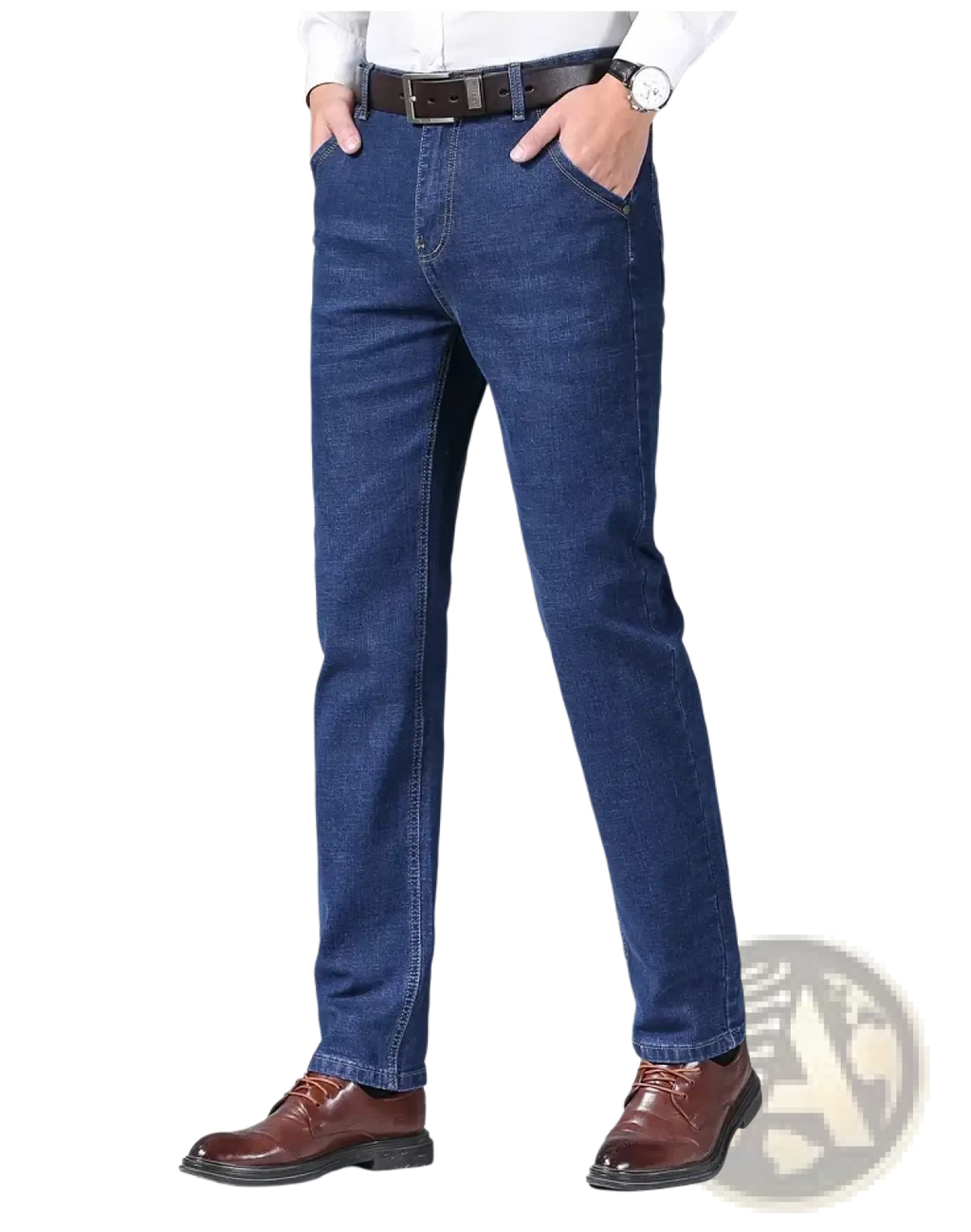 Men’s slim fit stretch denim jeans in dark blue with straight-leg cut and classic stitching design