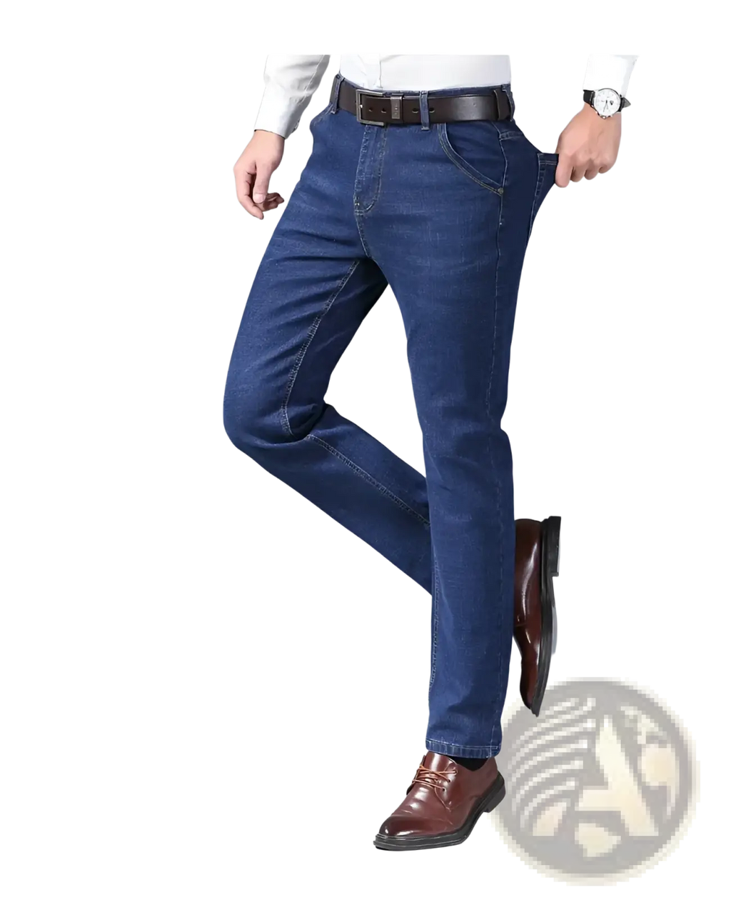 Men’s slim fit stretch denim jeans in dark blue with a straight-leg cut and classic five-pocket design